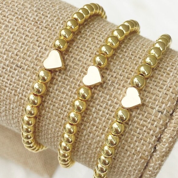 18K Gold Beaded Stretch Bracelet w/Heart Waterproof Stackable Jewelry Heart - Picture 10 of 11